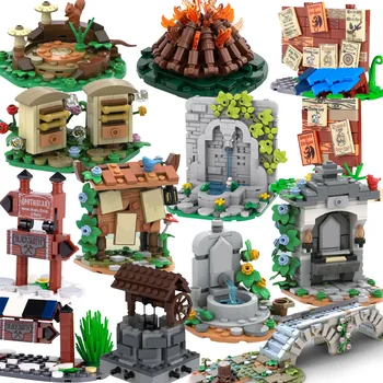 Средневековый замок, доска объявлений, строительные блоки, костер, фонтан, пень, животное, Белка, городская сцена, Сотовый мост, кирпичи, игрушки в подарок