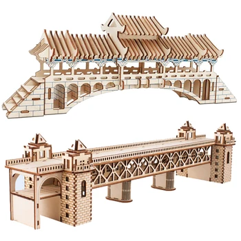 Деревянная Игра-Головоломка 3D Модель Здания Jigsaw The Lotos Bridge Настольные Аксессуары DIY Детские Игрушки Для Домашнего Декора Комнаты
