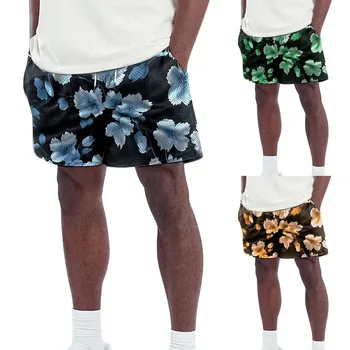 Мужские летние шорты с карманами, свободные модные повседневные мужские шорты с цветочным принтом, блестящие шорты для бега с карманами, спортивная одежда, мужские шорты
