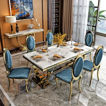 Сочетание мраморного обеденного стола и стула в европейском стиле, легкая роскошь, современный минималистичный бытовой прямоугольный стол