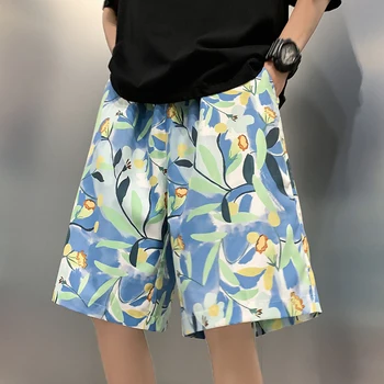 Летние Новые пляжные брюки, мужские повседневные шорты с цветочным рисунком, мужские свободные, могут быть под водой, шелковые, быстросохнущие мужские полукомбинезоны