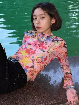 Индивидуальность Женская футболка с эстетичным винтажным принтом Y2k, прозрачная марлевая футболка Harajuku, Корейский укороченный топ с длинным рукавом снизу