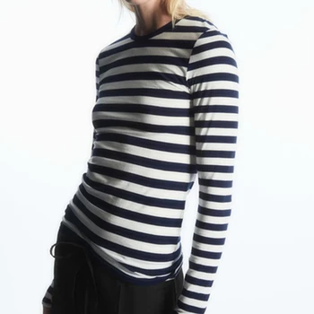 Elmsk 2023 Осенняя новая женская базовая футболка с длинным рукавом, приталенный хлопковый топ с круглым вырезом, повседневная футболка для женщин