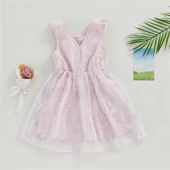 Платье для маленьких девочек от 2 до 7 лет с цветочной вышивкой, без рукавов, с оборками, розовое платье трапециевидной формы для маленьких девочек, летнее модное платье принцессы