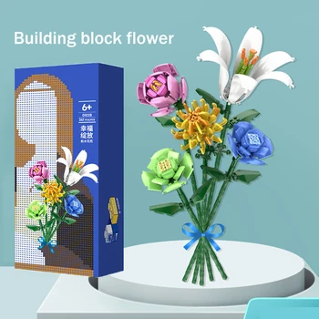 Строительные блоки Цветок, мини-растение, букет в горшке, украшение для дома, имитация лилии розы, цветок, детская развивающая игрушка в подарок
