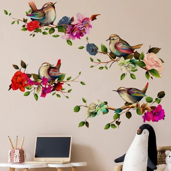 Наклейка на стену с птицами и цветочным узором из 1 шт. Птицы, стоящие на ветвях, Цветы, украшающие наклейки на стену