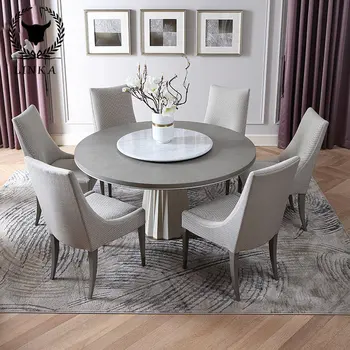 Американский светлый роскошный круглый обеденный стол из массива дерева, современный минималистичный мраморный поворотный стол, сочетание обеденного стола и стула